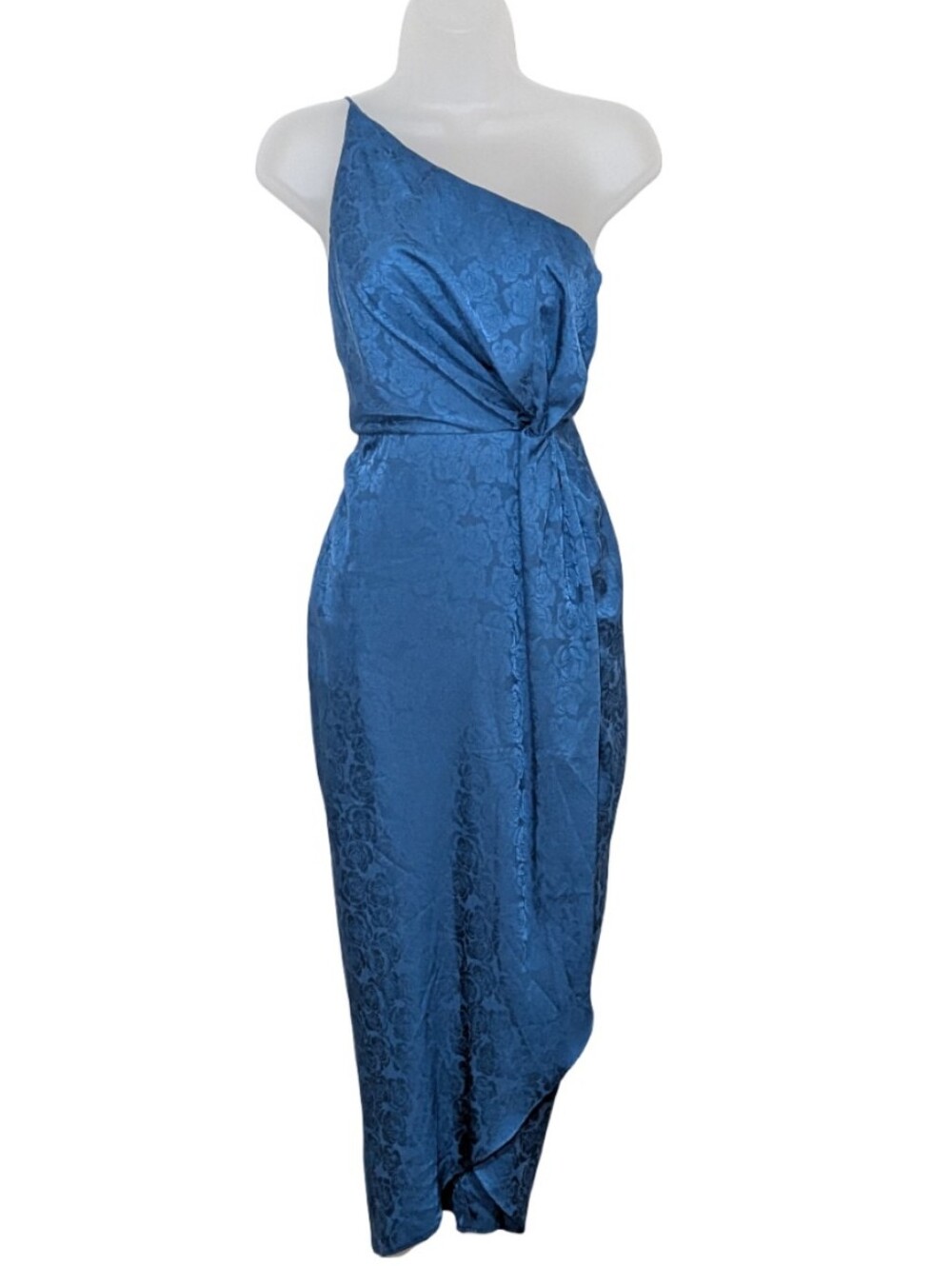 Sugarlips |  One-Shoulder Royal Blue Jacquard Dress with Draped Knot | Elegant |